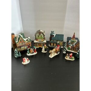 Village Christmas Multicolor Hand Painted Porcelain Lighted Set Collectible